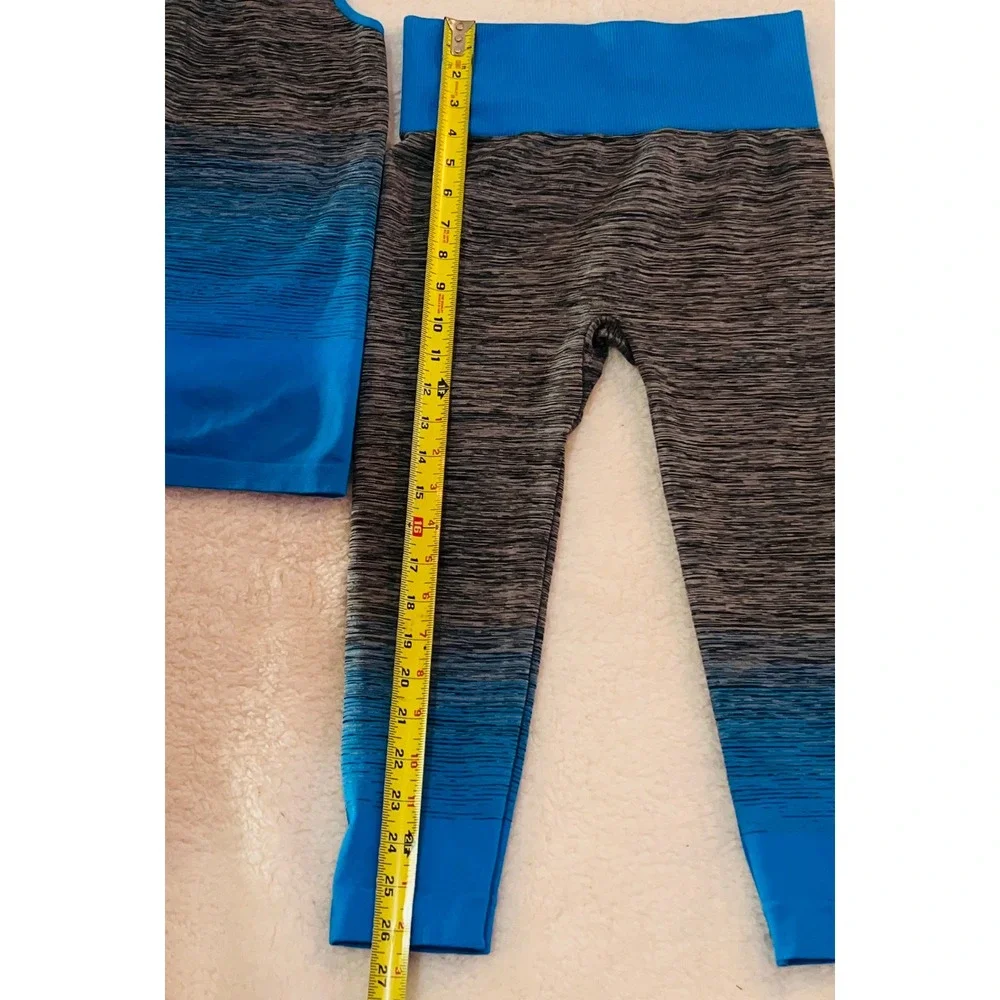 FC Activewear Womens Blue Grey Ombre Space Dye Seamless Tank and Leggings Set